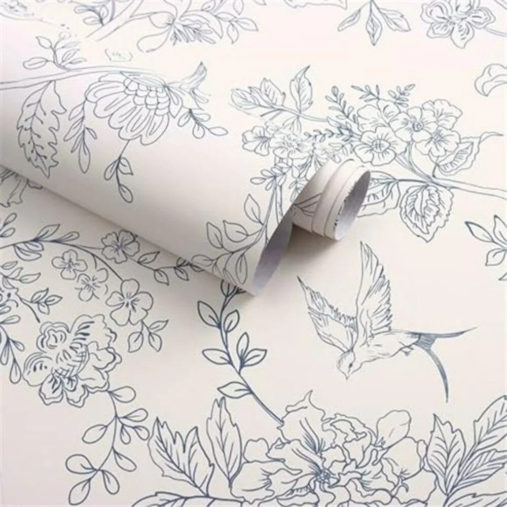 Cream White and Blue Floral Wallpaper Peel and Stick Wallpaper 17.7